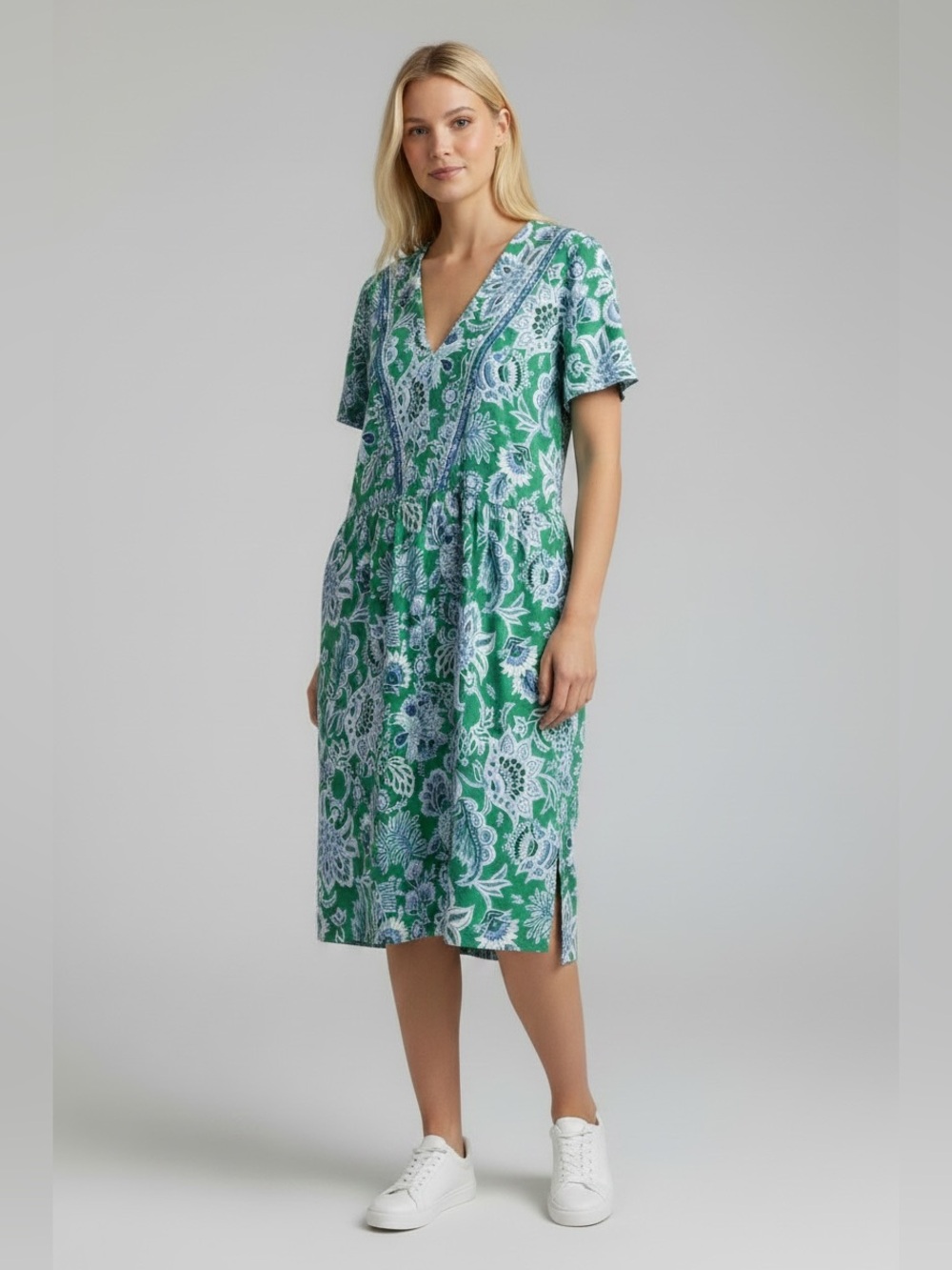 J Jill Cotton Modal Green Blue White Floral Dress